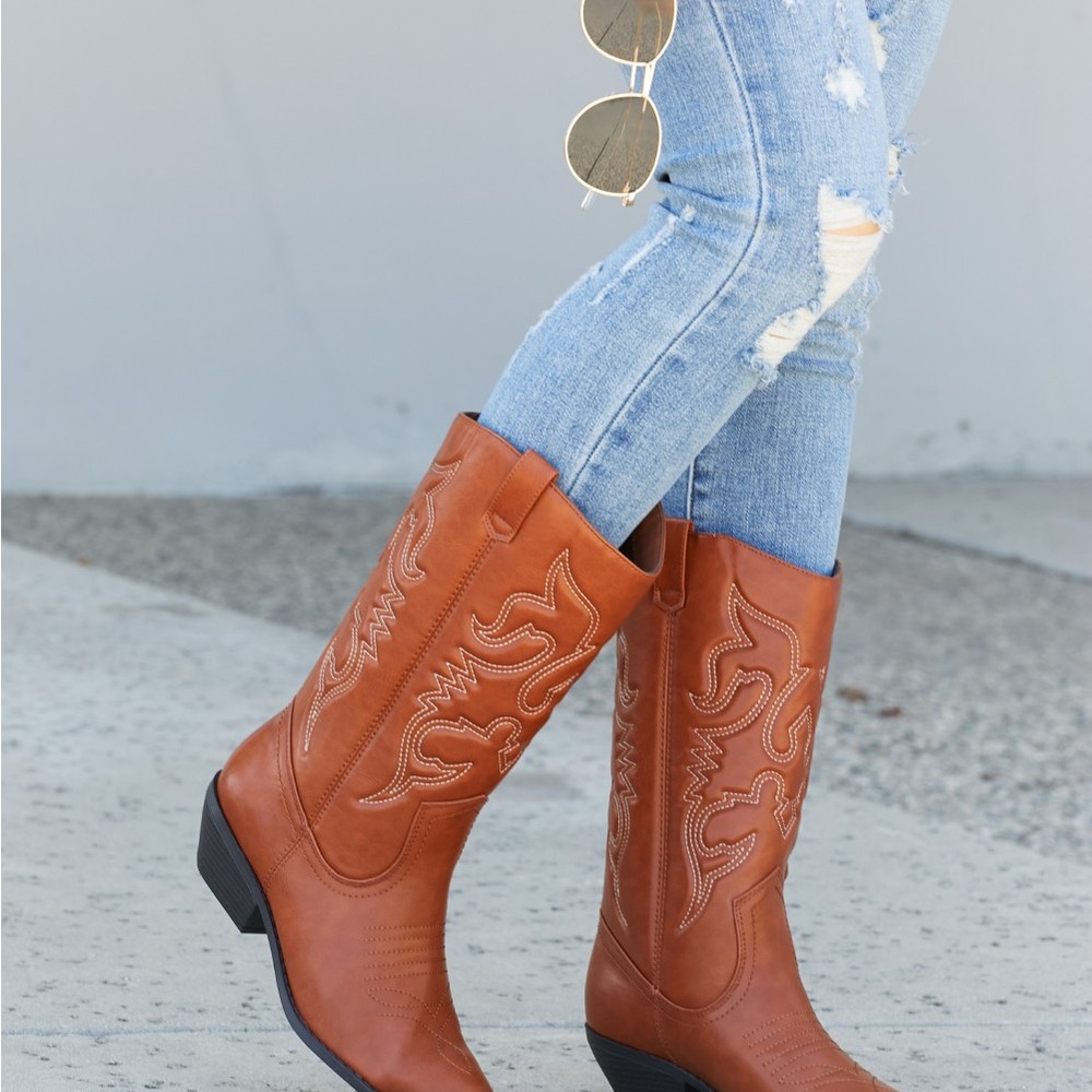 Tan Western Cowboy Boots - Embroidered Mid-Calf Style